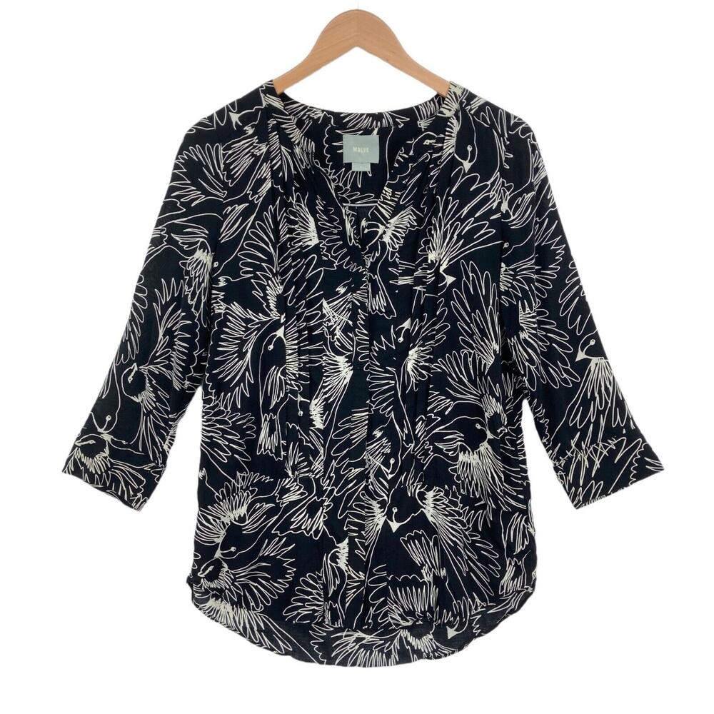 Maeve Women Black/White 3/4 Sleeve V-Neck Inside Button Front Blouse Top Size 4